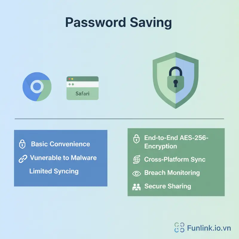 Infographic so sánh phần mềm quản lý mật khẩu chuyên dụng vượt trội hơn so với lưu trên trình duyệt về mã hóa và tính năng.