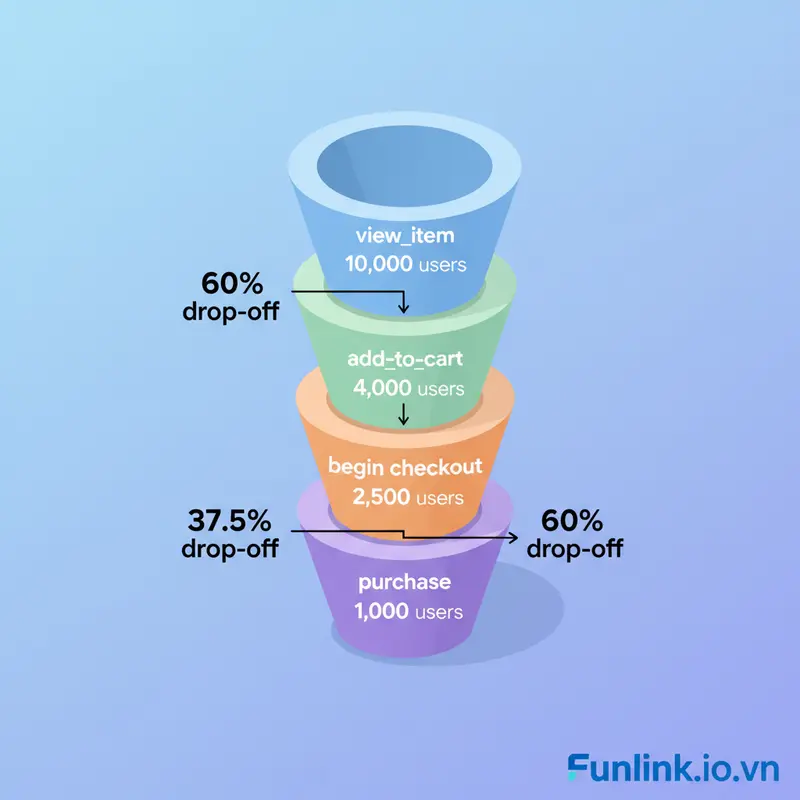 Biểu đồ phễu mua hàng giúp phân tích báo cáo e-commerce trong GA4 và tìm điểm rò rỉ.