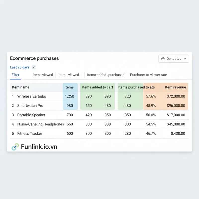 Phân tích báo cáo e-commerce trong GA4 với các cột Item name và Item revenue.