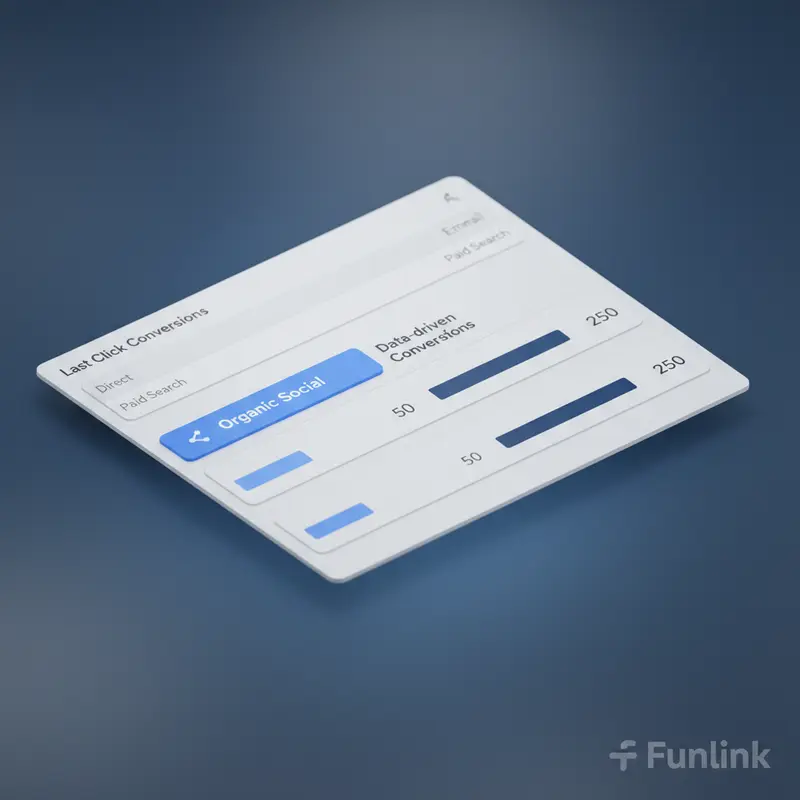Phân tích dữ liệu UTM: Báo cáo so sánh mô hình phân bổ trong GA4 cho thấy giá trị kênh Social Media tăng vọt.
