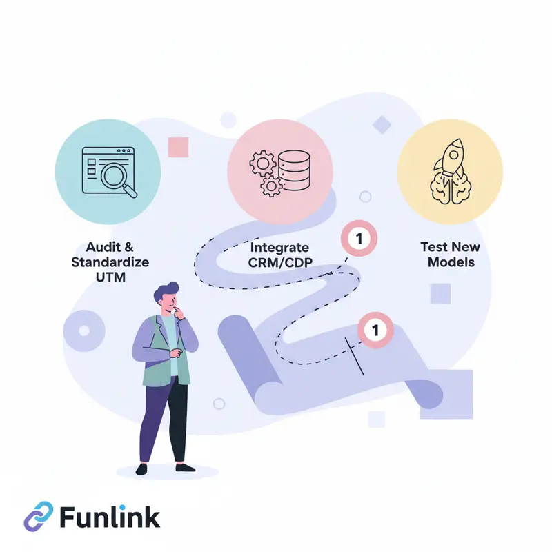 Lộ trình 3 bước phân tích dữ liệu UTM dành cho Marketing Leader: Audit, Tích hợp và Thử nghiệm.