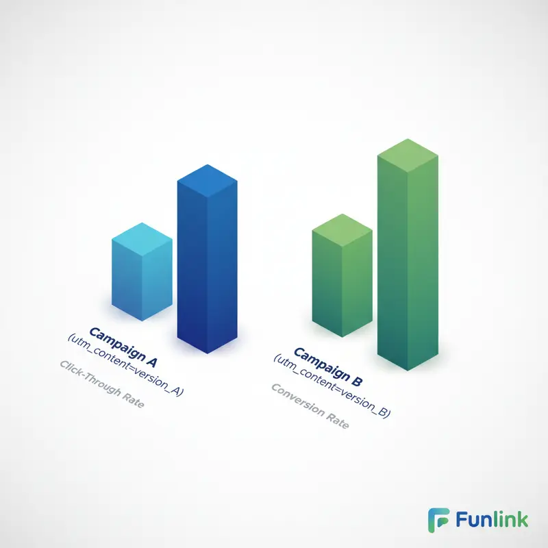 Infographic phân tích dữ liệu UTM để so sánh hiệu quả A/B testing của hai phiên bản email.
