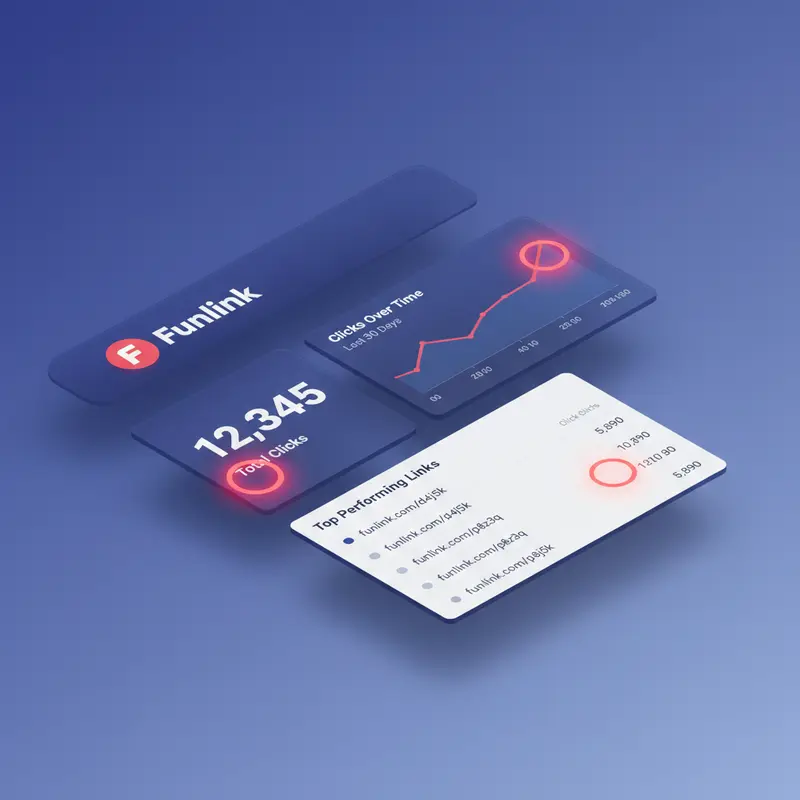 Dashboard chính của Bitly để phân tích số liệu click với các khu vực quan trọng được khoanh tròn.