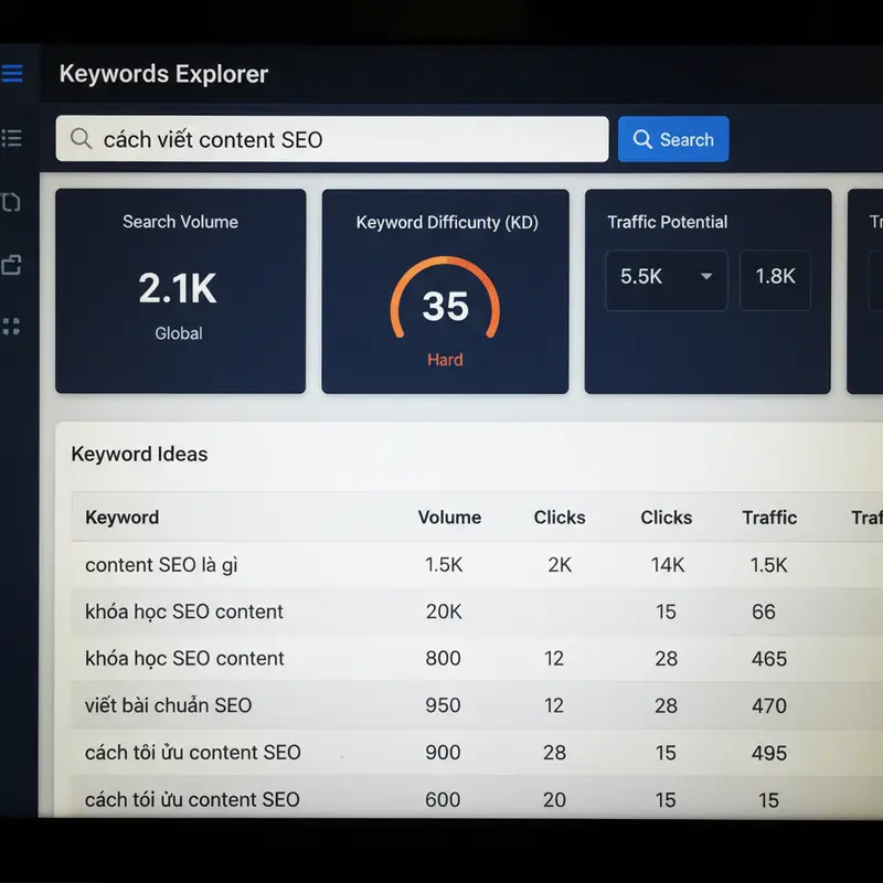 Giao diện công cụ Ahrefs đang phân tích từ khóa 'cách viết content SEO'