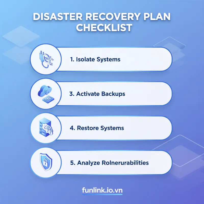 Checklist các bước trong kế hoạch phòng chống ransomware và khôi phục thảm họa cho doanh nghiệp.