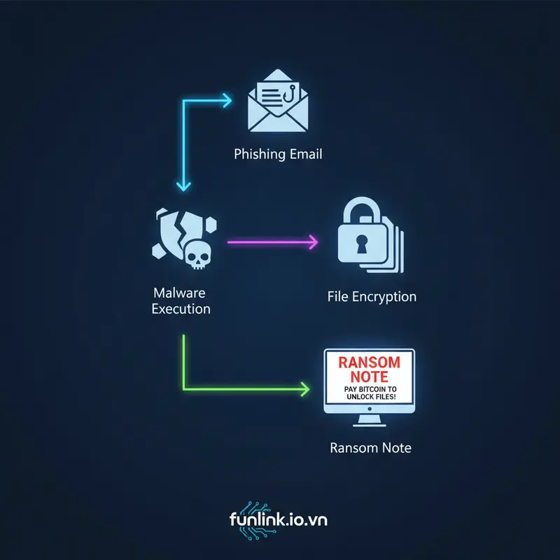 Sơ đồ mô phỏng các giai đoạn của một cuộc tấn công phòng chống ransomware, bắt đầu từ email lừa đảo.