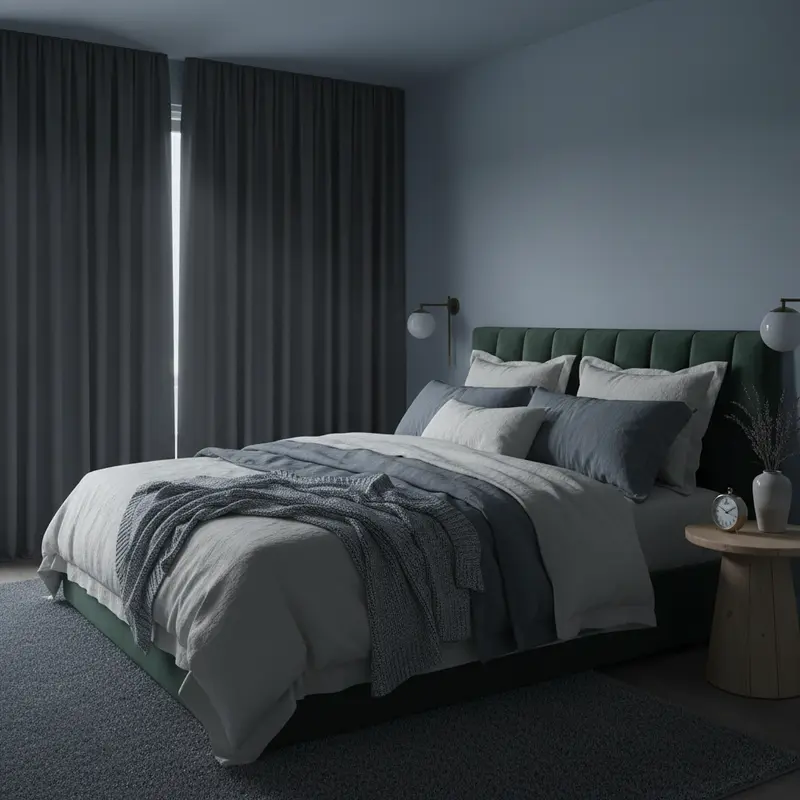 Không gian phòng ngủ tối, yên tĩnh và mát mẻ với rèm cản sáng và giường ngủ thoải mái.