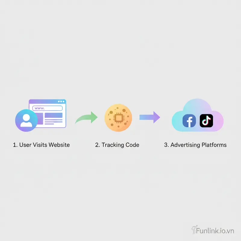 Sơ đồ giải thích cơ chế hoạt động của pixel trong quảng cáo, từ website đến cookie và nền tảng quảng cáo.