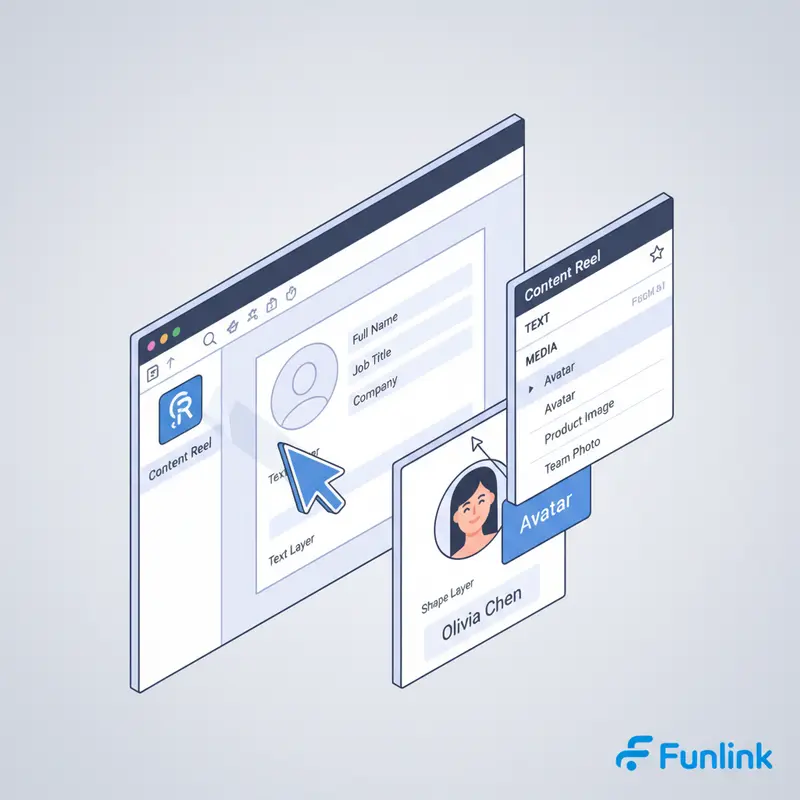 Minh họa plugin Figma Content Reel tự động điền dữ liệu vào thiết kế.