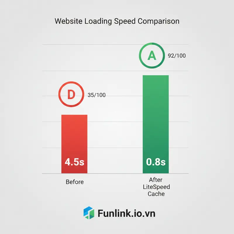 Biểu đồ so sánh tốc độ website tăng vọt sau khi cài plugin WordPress miễn phí LiteSpeed Cache