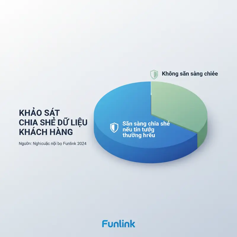 Biểu đồ tròn về Privacy-First Marketing cho thấy tỷ lệ khách hàng sẵn sàng chia sẻ dữ liệu khi tin tưởng thương hiệu.