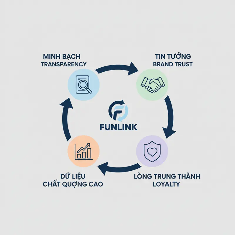 Sơ đồ vòng lặp tích cực của Privacy-First Marketing: Minh bạch tạo ra tin tưởng, lòng trung thành và dữ liệu chất lượng.