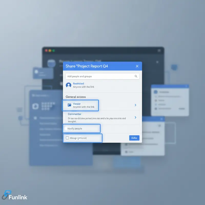 Quản lý file trên google drive - giao diện chia sẻ với các tùy chọn phân quyền Viewer, Commenter, Editor.