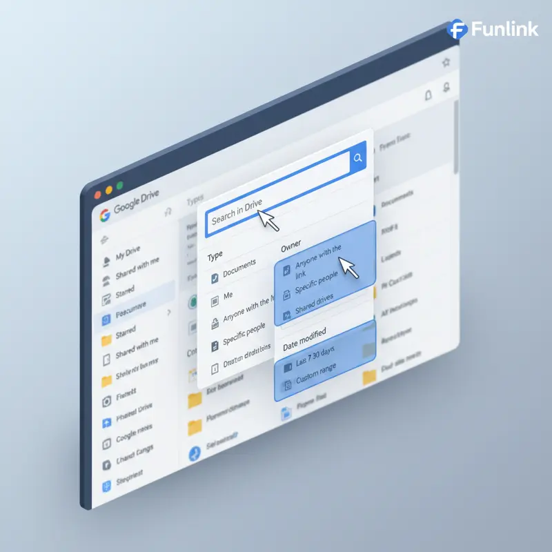 Quản lý file trên google drive - các bộ lọc trong tính năng tìm kiếm nâng cao như Type, Owner, Date modified.