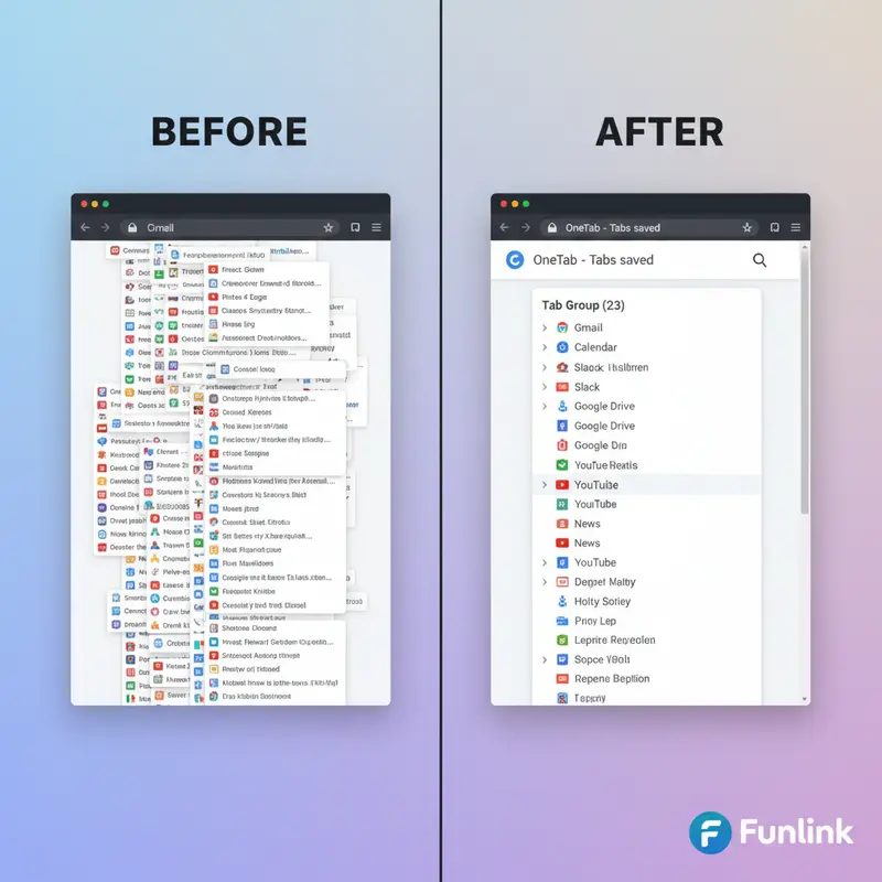 So sánh hiệu quả quản lý nhiều tab trước và sau khi dùng OneTab để gom các tab lộn xộn.