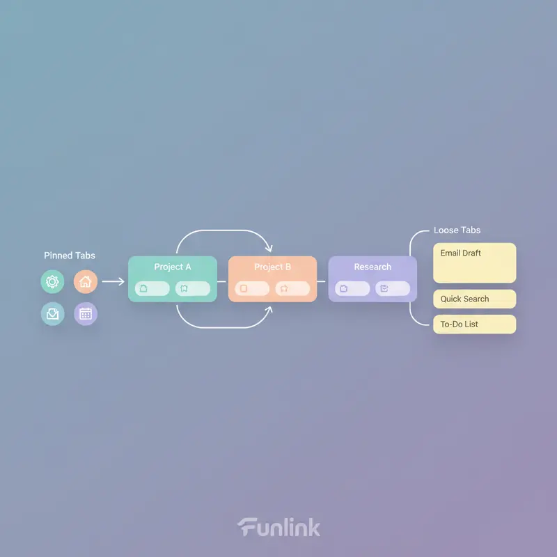 Sơ đồ workflow quản lý nhiều tab một cách khoa học, kết hợp Pin tab và Tab Groups.