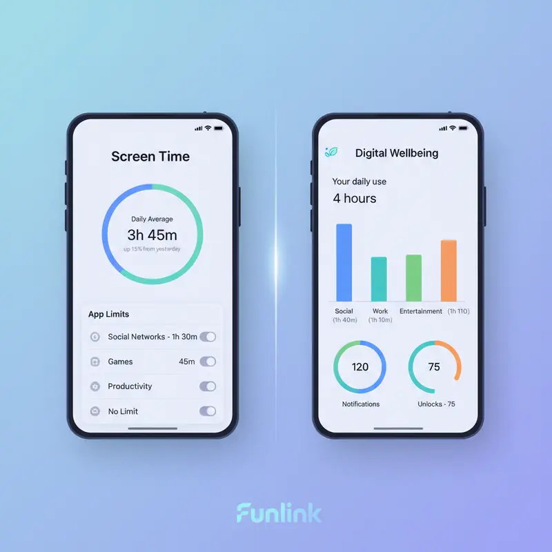 So sánh giao diện quản lý thời gian sử dụng thiết bị giữa Screen Time của iOS và Digital Wellbeing của Android.