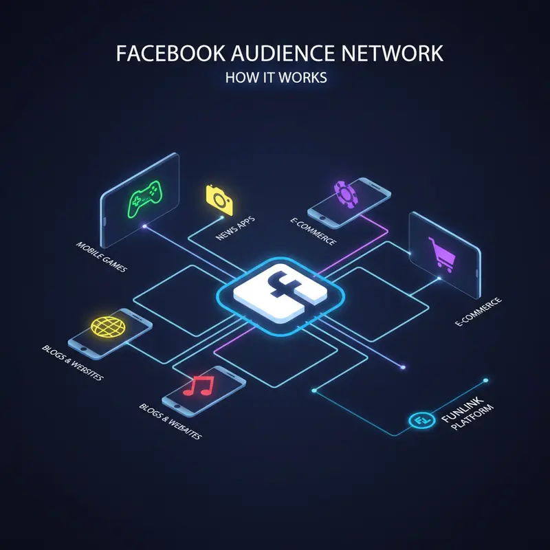 Sơ đồ minh họa cách Audience Network mở rộng phạm vi quảng cáo link Facebook ra ngoài nền tảng.