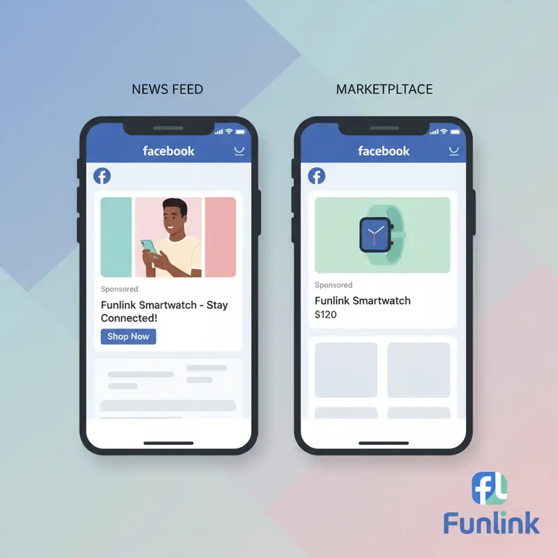 So sánh giao diện quảng cáo link Facebook trên News Feed và Marketplace để tối ưu chuyển đổi.