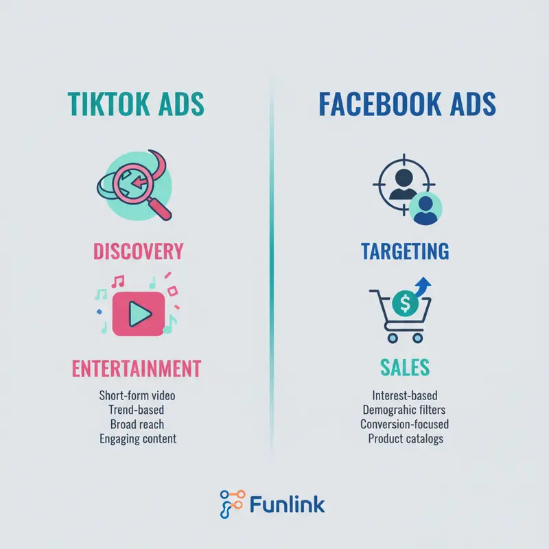 Infographic so sánh quảng cáo TikTok traffic và Facebook Ads về tư duy content và cách phân phối quảng cáo.