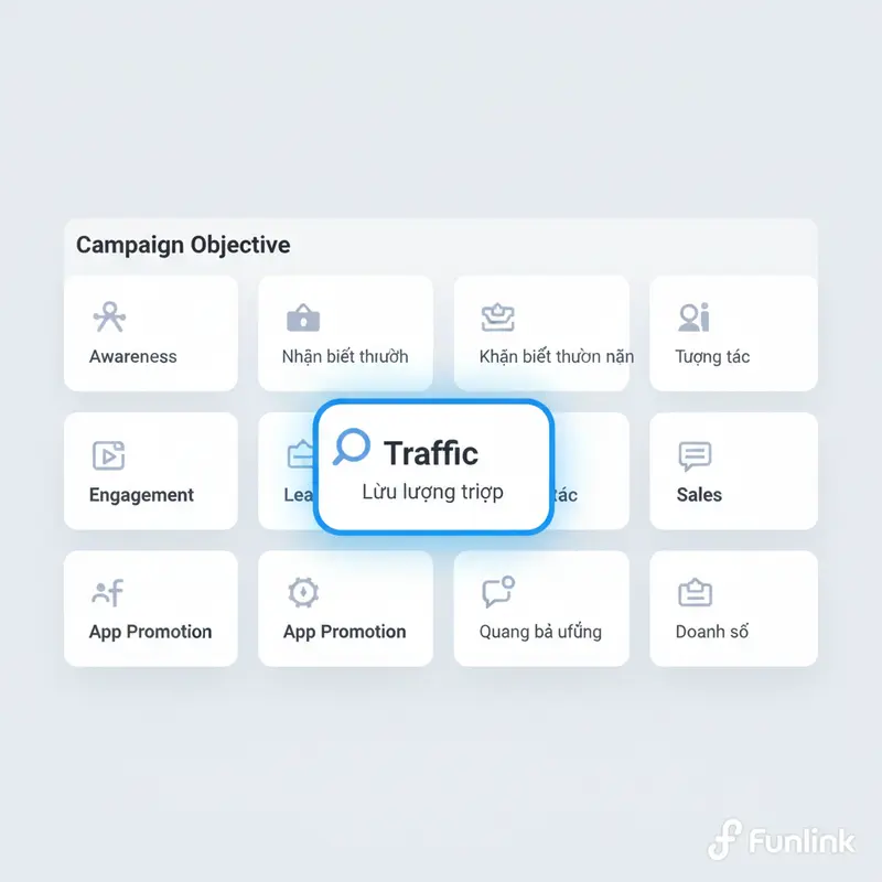 Giao diện chọn mục tiêu quảng cáo traffic Facebook trong Trình quản lý quảng cáo.