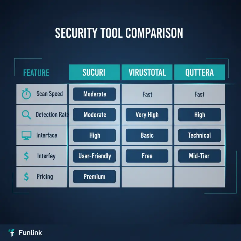 Bảng so sánh tính năng của các công cụ quét mã độc website: Sucuri, VirusTotal, và Quttera.