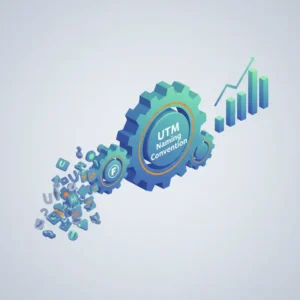 Banner chính bài viết quy chuẩn đặt tên UTM với hình ảnh bánh răng cưa kết nối dữ liệu và biểu đồ.