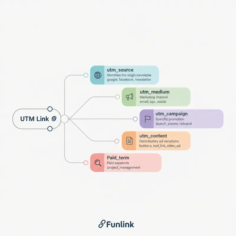 Infographic giải thích 5 thành phần trong quy chuẩn đặt tên UTM: source, medium, campaign, content, term.