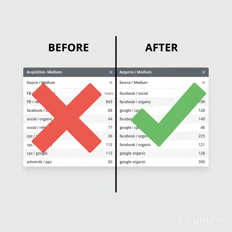 So sánh 2 báo cáo GA4 lộn xộn và sạch sẽ nhờ áp dụng quy chuẩn đặt tên UTM.