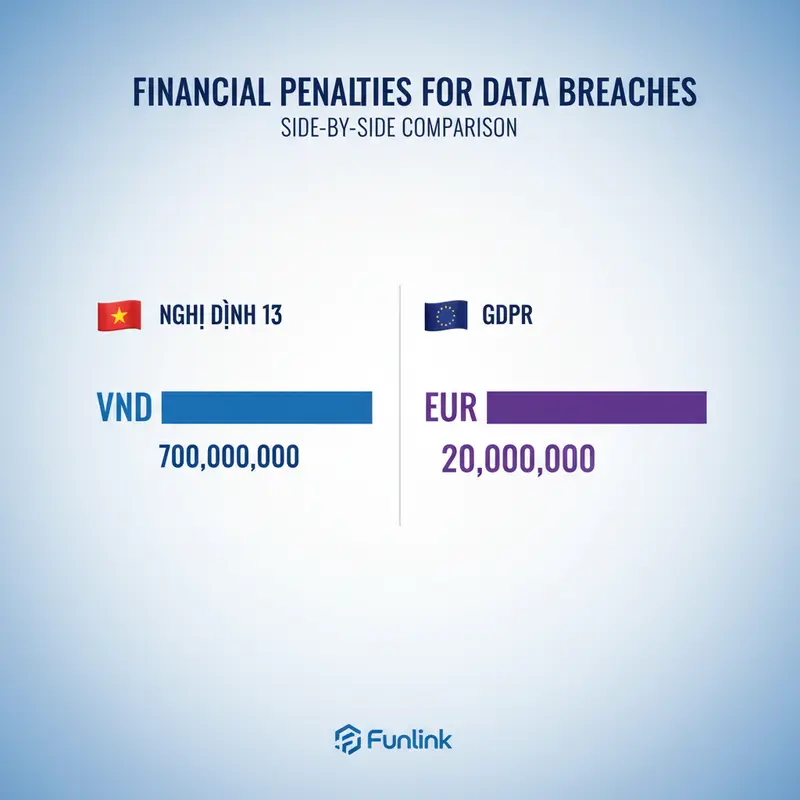 Infographic so sánh mức phạt khi vi phạm quy định bảo vệ dữ liệu cá nhân giữa Nghị định 13 và GDPR