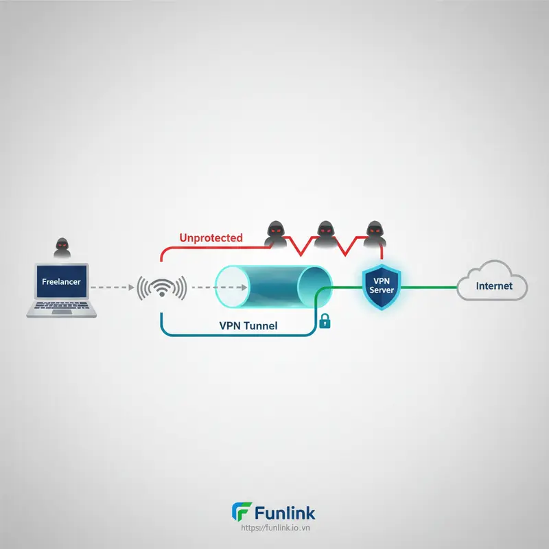 Sơ đồ minh họa cách VPN bảo vệ quyền riêng tư dữ liệu bằng đường hầm mã hóa khi kết nối wifi công cộng.