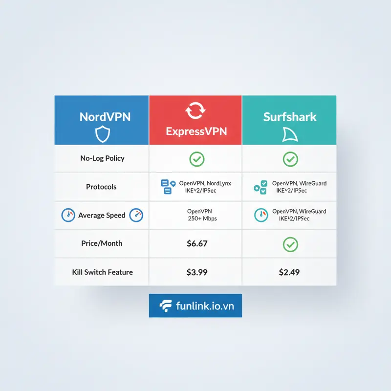Bảng so sánh các tính năng bảo vệ quyền riêng tư dữ liệu của NordVPN, ExpressVPN, và Surfshark cho freelancer.