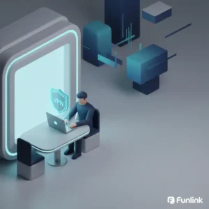 Một freelancer làm việc an toàn với laptop có biểu tượng khiên bảo vệ của VPN, nhấn mạnh tầm quan trọng của quyền riêng tư dữ liệu.