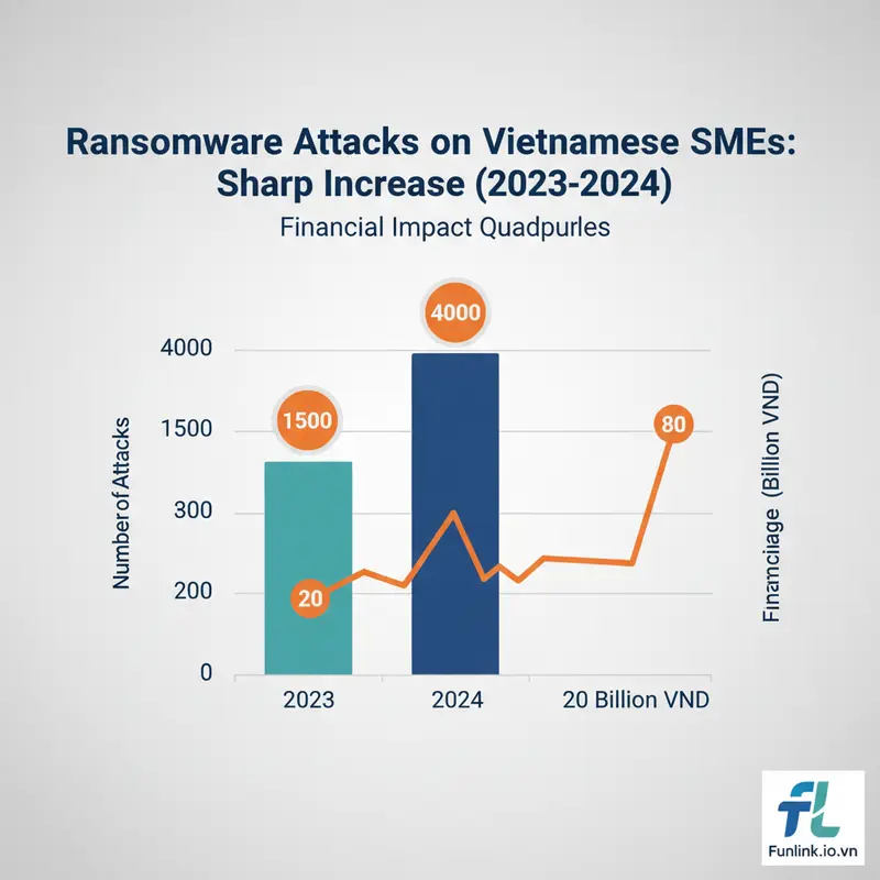 Biểu đồ cột thể hiện sự gia tăng tấn công của ransomware mới nhất vào doanh nghiệp SME Việt Nam.