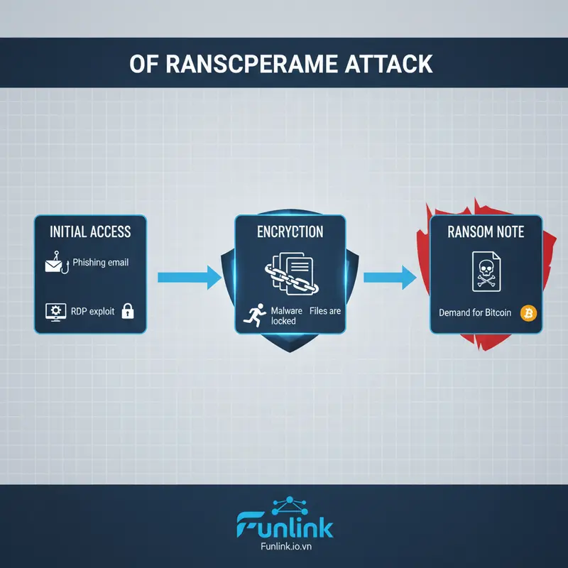 Sơ đồ luồng mô tả các giai đoạn tấn công của một ransomware mới nhất từ xâm nhập đến đòi tiền chuộc.