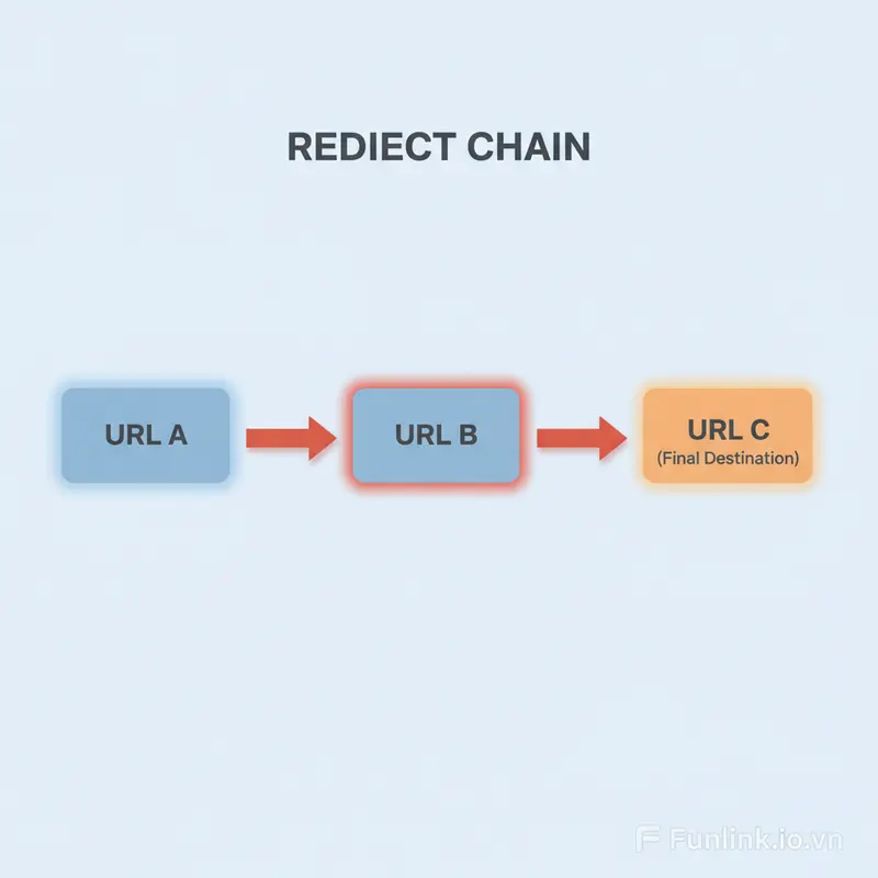 Redirect chain là gì - Sơ đồ minh họa chuỗi chuyển hướng từ URL A qua B đến C