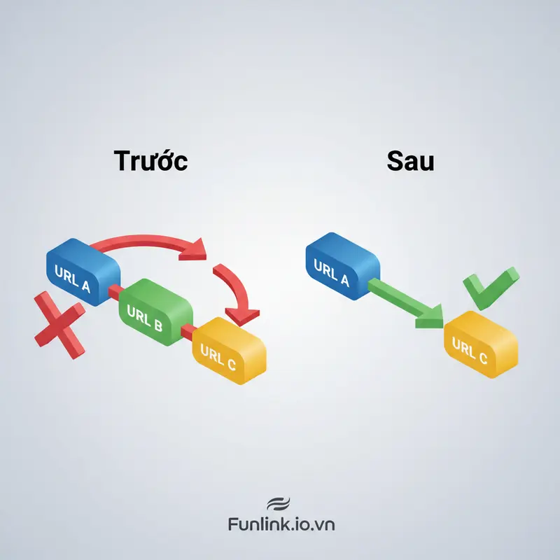 Sửa lỗi redirect chain là gì - So sánh sơ đồ trước và sau khi tối ưu chuyển hướng