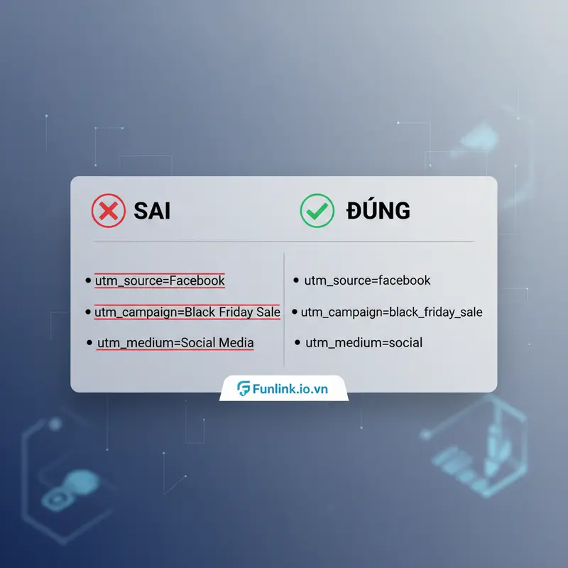 Bảng so sánh các lỗi đặt tên UTM phổ biến và cách khắc phục để tránh sai lệch dữ liệu.