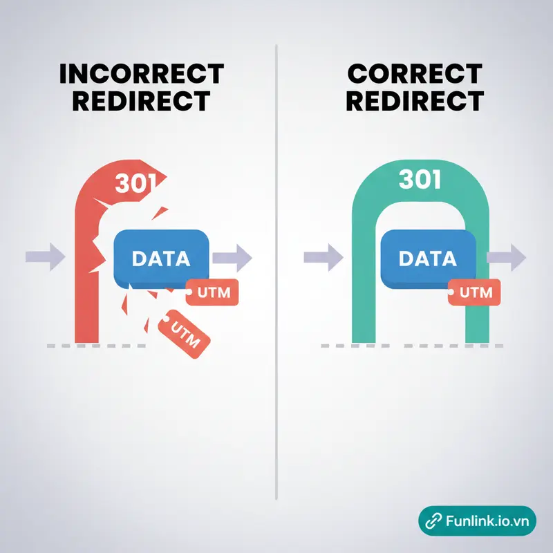 Sơ đồ so sánh luồng redirect làm mất tham số UTM và luồng redirect giữ lại được tham số.