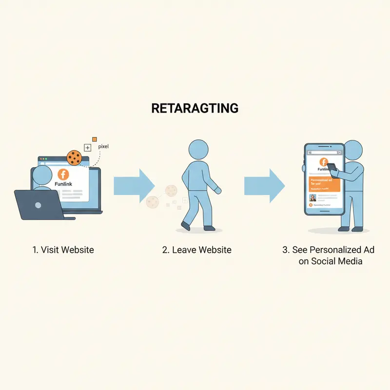 Sơ đồ cơ chế hoạt động của Retargeting là gì, sử dụng cookie và pixel để tiếp thị lại.