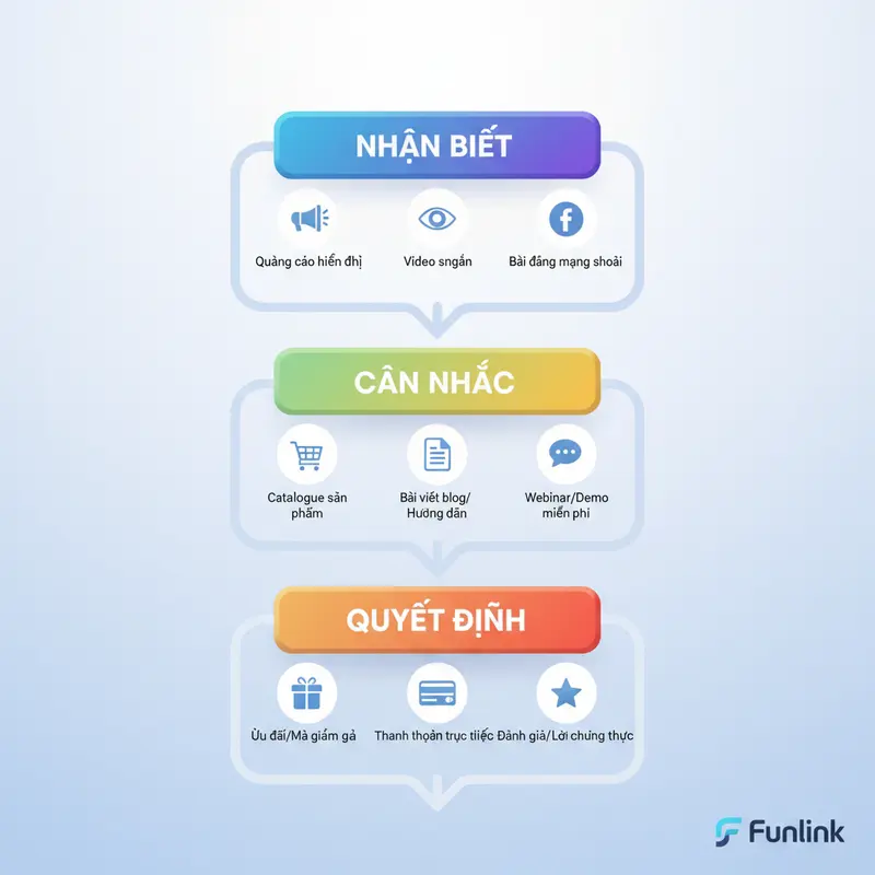 Sơ đồ phễu minh họa chiến lược retargeting nâng cao qua 3 giai đoạn từ nhận biết đến quyết định.