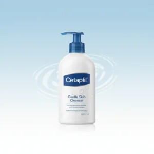 Chai sữa rửa mặt Cetaphil Gentle Skin Cleanser trên nền xanh trắng