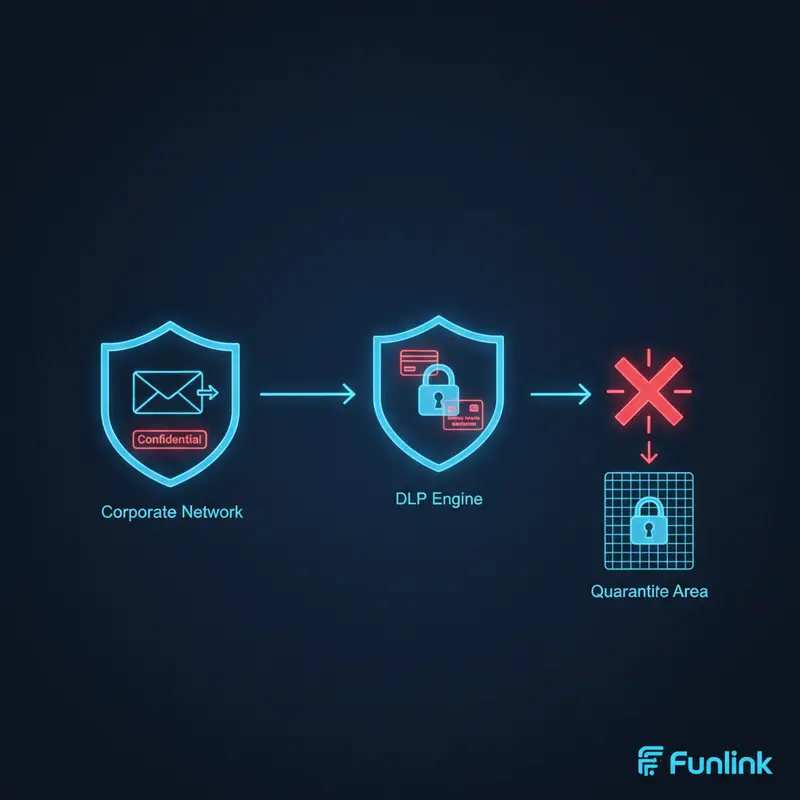 Biểu đồ luồng giải thích cách giải pháp DLP ngăn chặn rò rỉ dữ liệu nội bộ qua email.