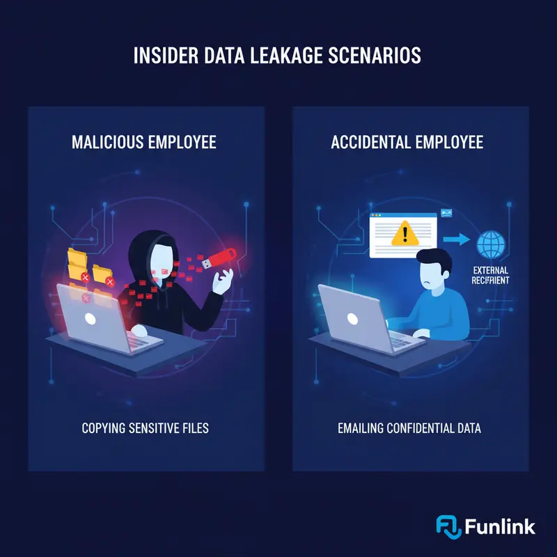 Sơ đồ minh họa rủi ro rò rỉ dữ liệu nội bộ do nhân viên cố ý và vô tình.