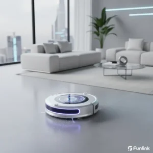 Robot hút bụi thông minh AI đang hoạt động trong một phòng khách hiện đại, sạch sẽ.