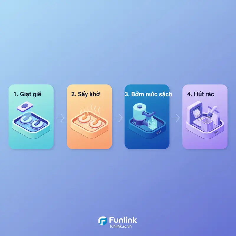 Infographic 4 bước của trạm sạc cho robot hút bụi thông minh AI: tự giặt giẻ, sấy khô, bơm nước và hút rác.