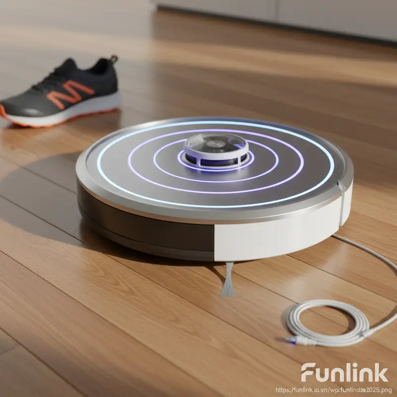 Robot hút bụi thông minh AI sử dụng cảm biến để khéo léo tránh một chiếc giày và dây sạc.