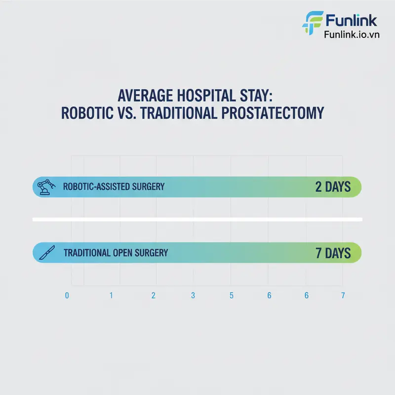 Biểu đồ so sánh thời gian hồi phục khi sử dụng robot phẫu thuật y tế và mổ mở.