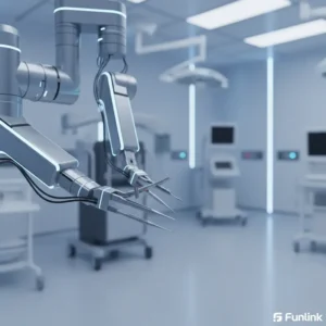 Cận cảnh cánh tay robot phẫu thuật y tế Da Vinci trong phòng mổ hiện đại.