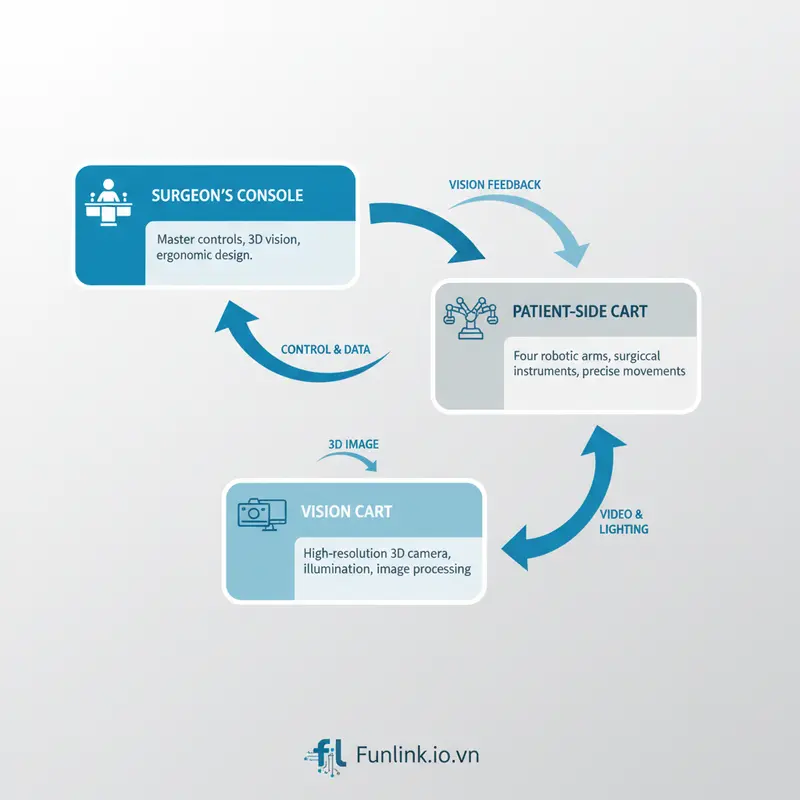Infographic giải thích cơ chế hoạt động của robot phẫu thuật y tế Da Vinci.